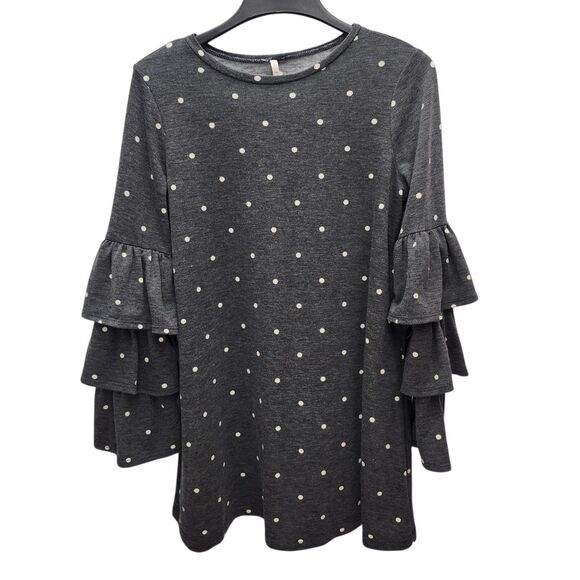 My Story Tunic Top Shirt Womens Medium Gray Polka Dot 3 Tiered Ruffle Sleeves - Picture 2 of 10